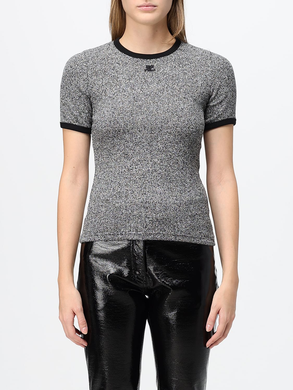 COURRÈGES TOP: Top Courrèges de manga corta y corte entallado en punto elástico, Negro - Img 1