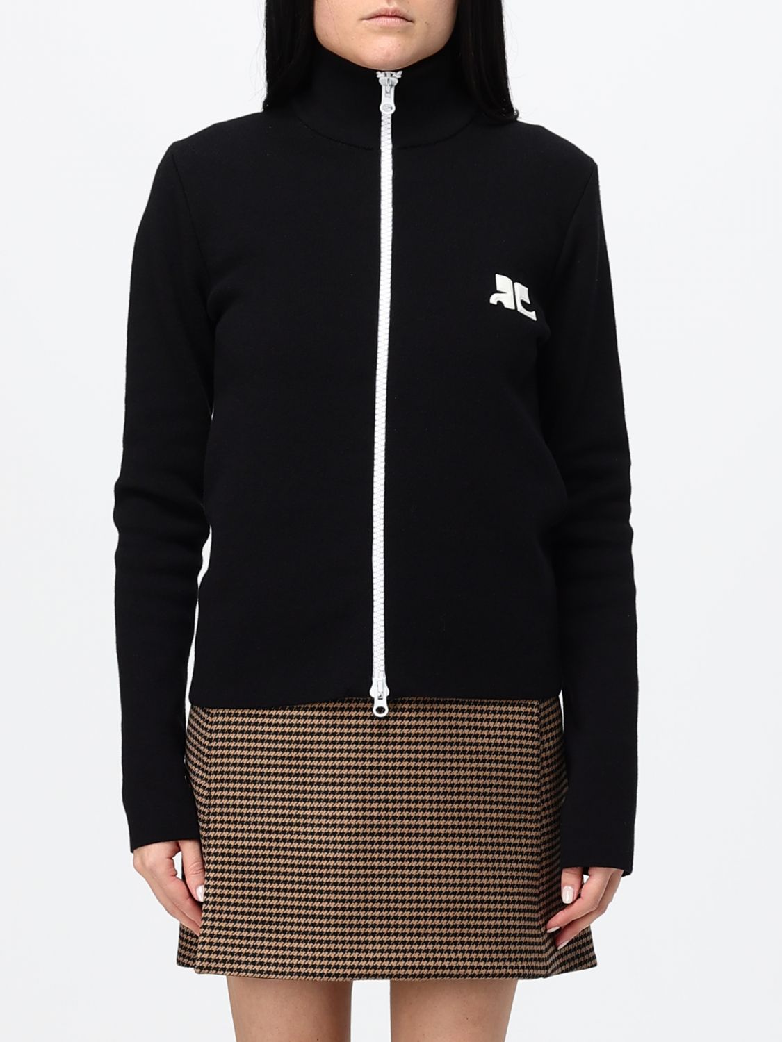 COURRÈGES PULL: Pull Courrèges ajusté à col roulé en laine avec zip et logo contrastant, Noir - Img 1
