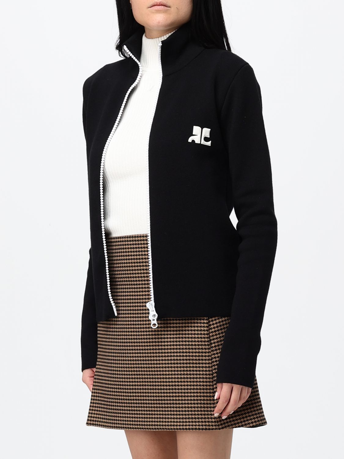 COURRÈGES PULL: Pull Courrèges ajusté à col roulé en laine avec zip et logo contrastant, Noir - Img 4
