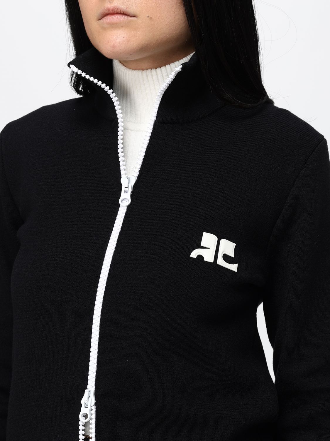 COURRÈGES PULL: Pull Courrèges ajusté à col roulé en laine avec zip et logo contrastant, Noir - Img 5