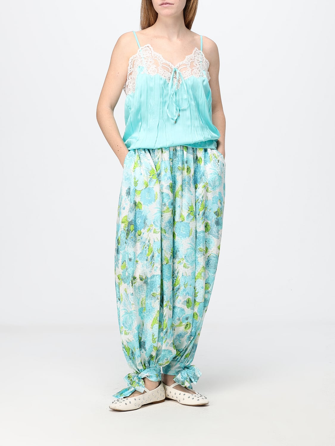 CHLOÉ トップス: CHLOÉ シルクトップ Vネックとレースインサート付きスパゲッティストラップ, ブルー - Img 2