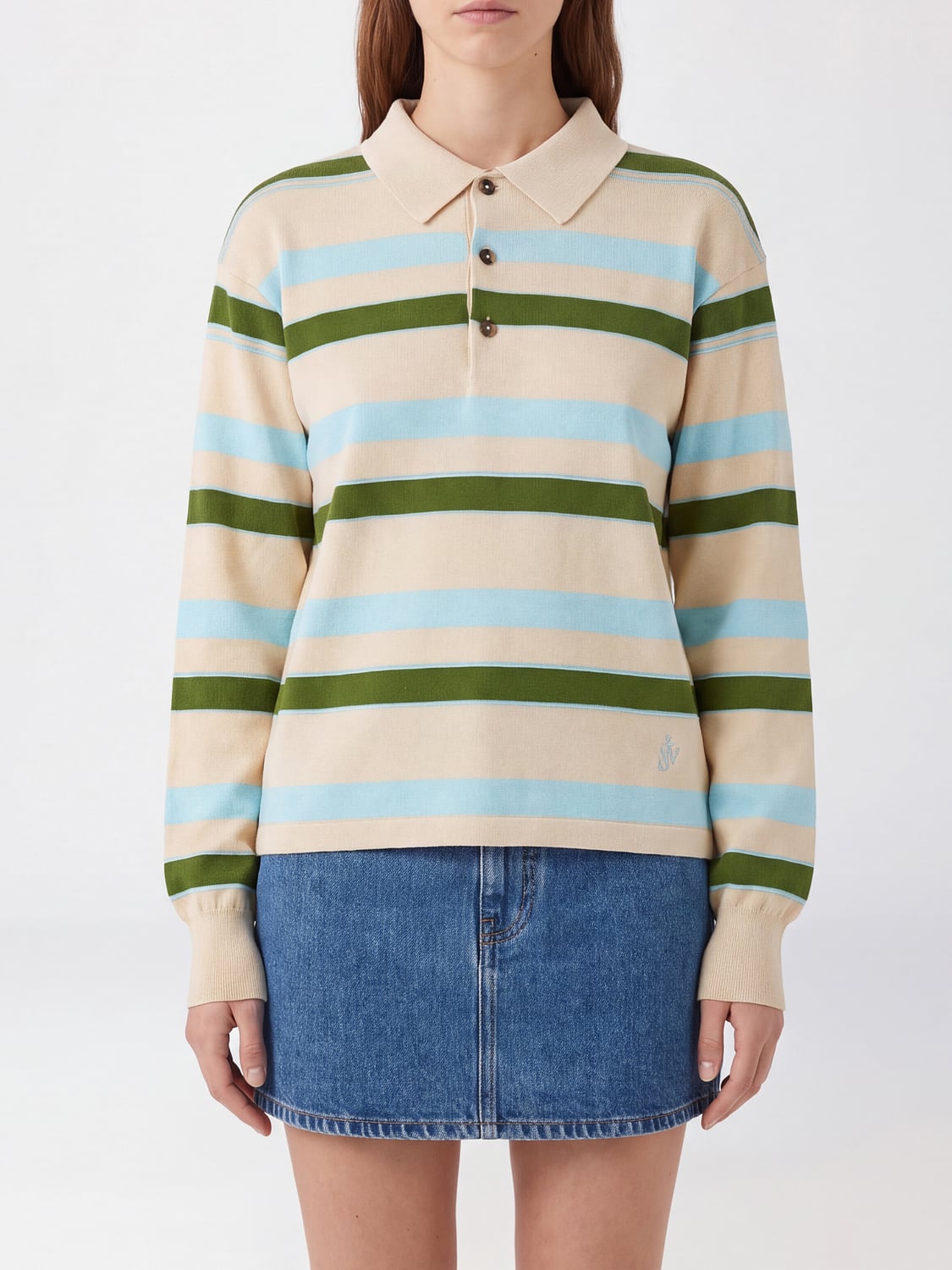 JW ANDERSON POLO: Polo de rayas de manga larga JW Anderson en mezcla de algodón y viscosa, Marfil - Img 1