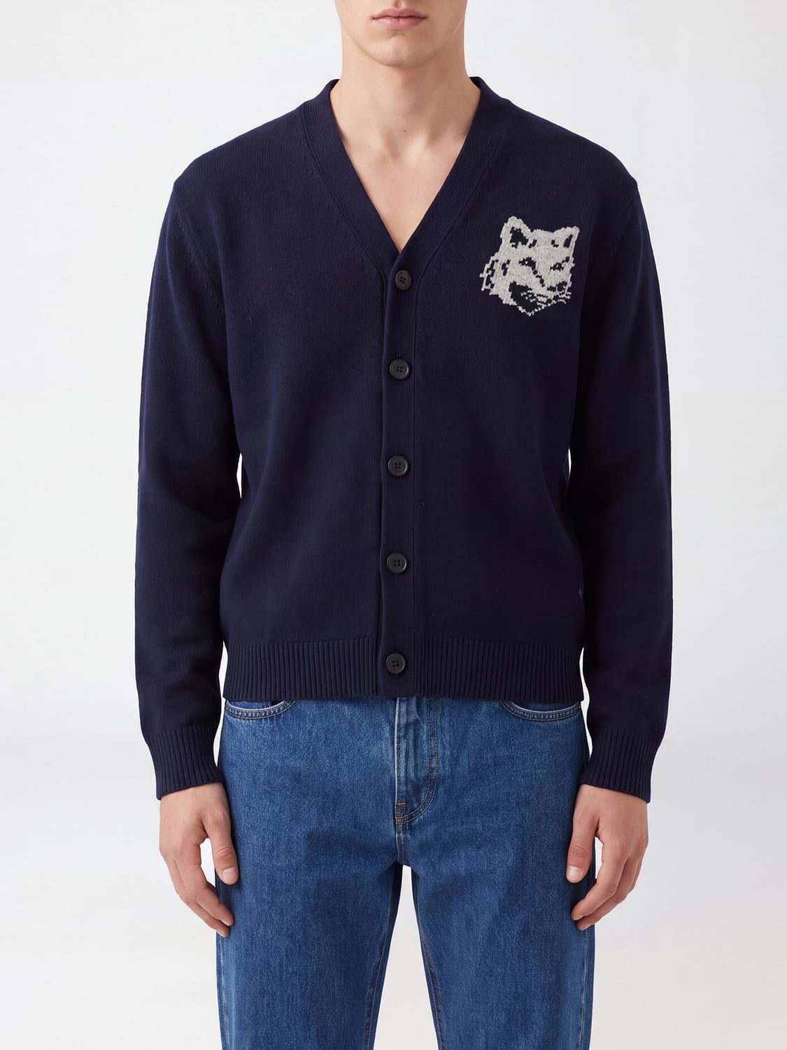 MAISON KITSUNÉ SWEATER: Maison Kitsuné Merino Wool V-Neck Cardigan with Chillax Fox Logo Patch, Blue - Img 1