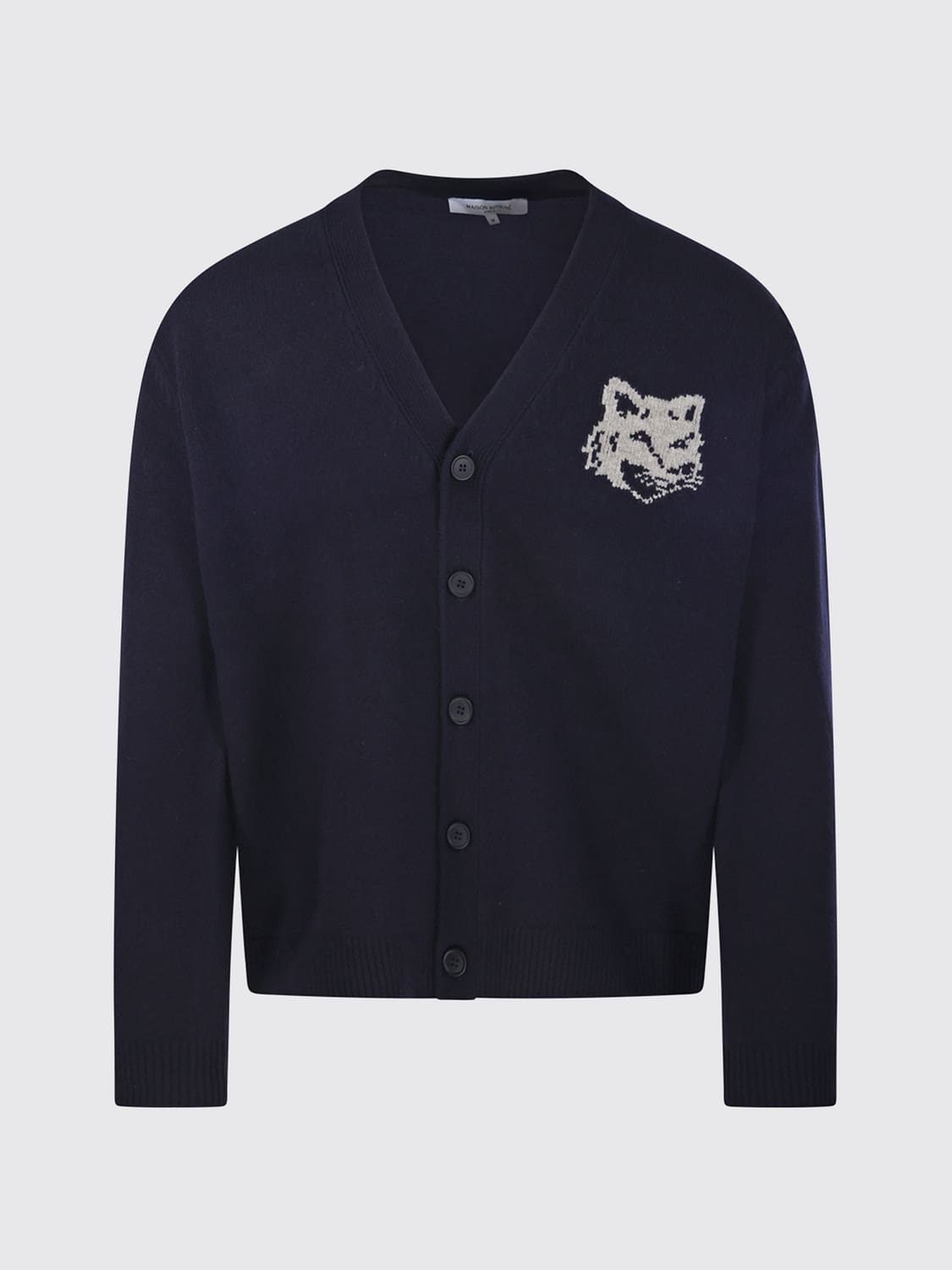 MAISON KITSUNÉ SWEATER: Maison Kitsuné Merino Wool V-Neck Cardigan with Chillax Fox Logo Patch, Blue - Img 2
