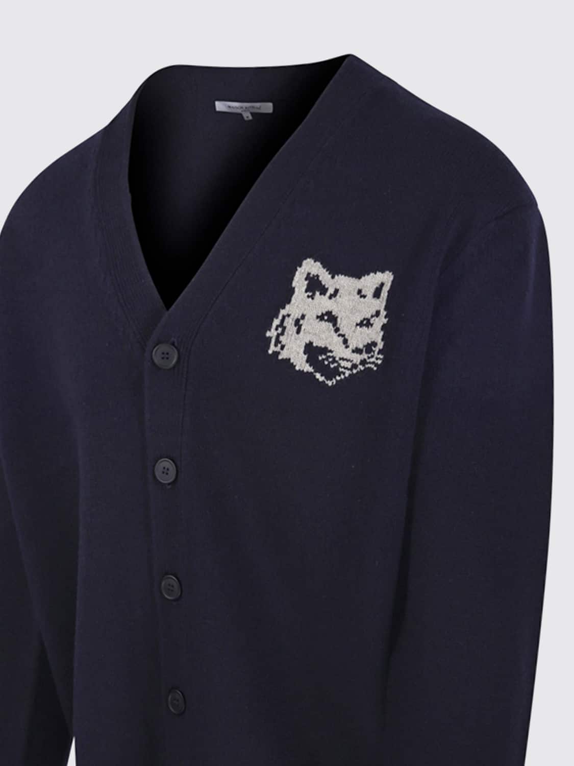 MAISON KITSUNÉ SWEATER: Maison Kitsuné Merino Wool V-Neck Cardigan with Chillax Fox Logo Patch, Blue - Img 4