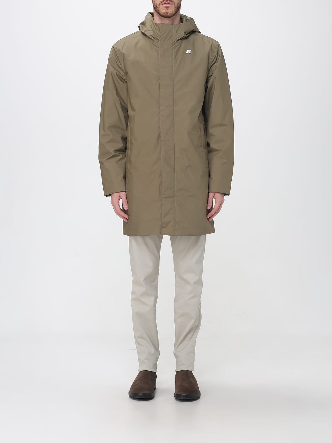 K-WAY COAT: Knee-Length Technical Fabric Parka K-Way with Padded Hood, Green - Img 1