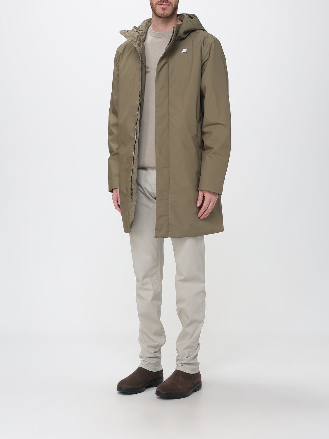 K-WAY COAT: Knee-Length Technical Fabric Parka K-Way with Padded Hood, Green - Img 3