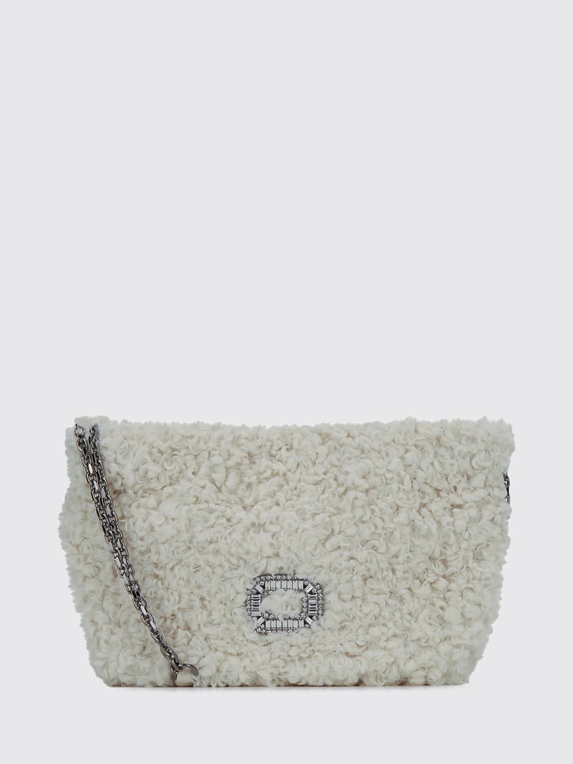 ROGER VIVIER BORSA MINI: Mini borsa a spalla Pilgrim Roger Vivier in shearling con fibbia di cristalli, Bianco - Img 1