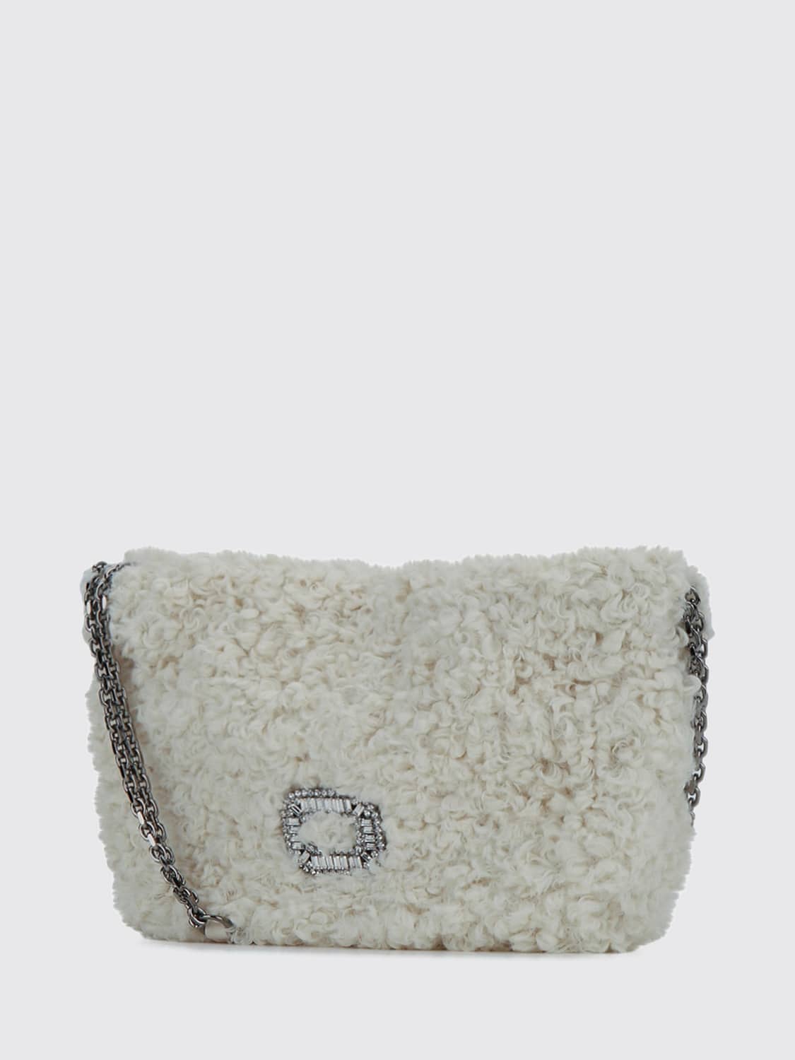 ROGER VIVIER BORSA MINI: Mini borsa a spalla Pilgrim Roger Vivier in shearling con fibbia di cristalli, Bianco - Img 3