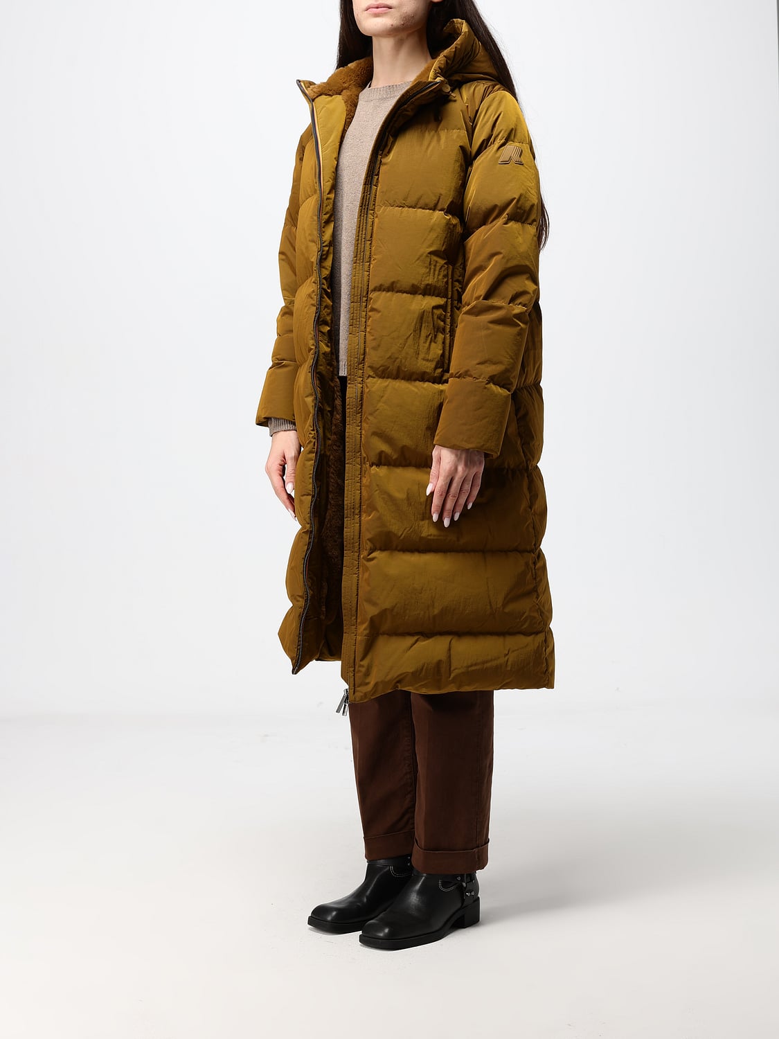 K-WAY GIACCA: Piumino lungo K-Way trapuntato con cappuccio e logo applicato, Marrone - Img 3