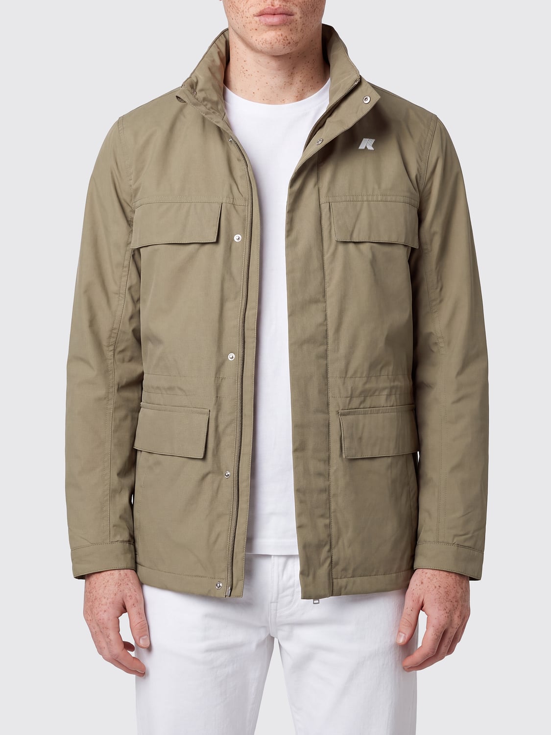 K-WAY COAT: Short Windproof Cotton and Polyester Parka K-Way with Flap Pockets, Green - Img 1