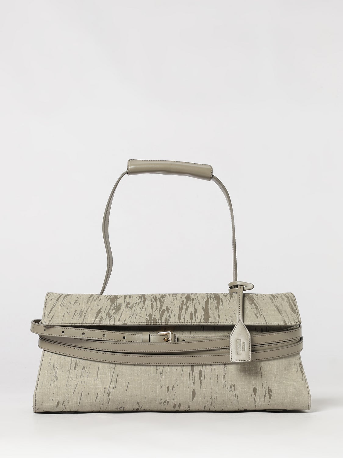 MOSCHINO COUTURE BORSA A SPALLA: Borsa a spalla Tie Me Moschino Couture in canvas con stampa e charm, Beige - Img 1