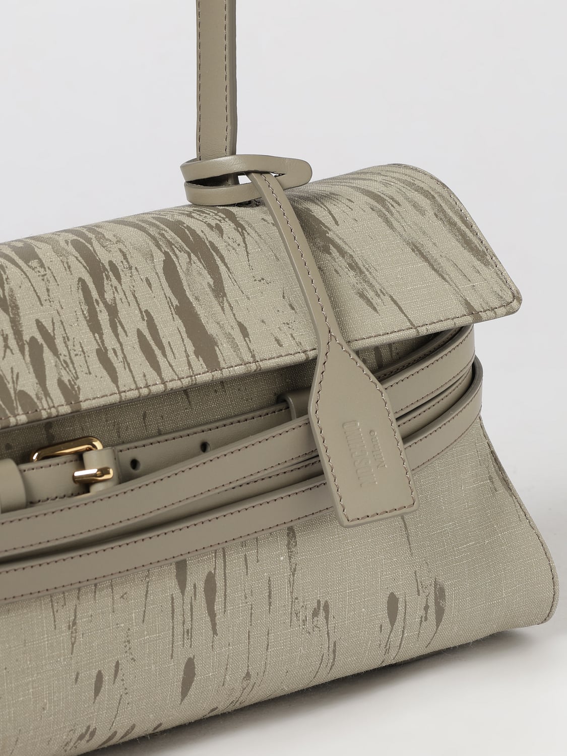 MOSCHINO COUTURE BORSA A SPALLA: Borsa a spalla Tie Me Moschino Couture in canvas con stampa e charm, Beige - Img 3