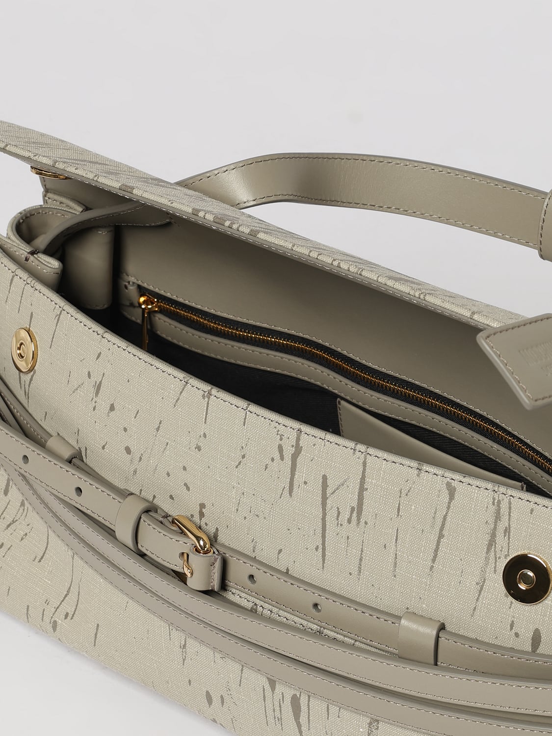 MOSCHINO COUTURE BORSA A SPALLA: Borsa a spalla Tie Me Moschino Couture in canvas con stampa e charm, Beige - Img 4