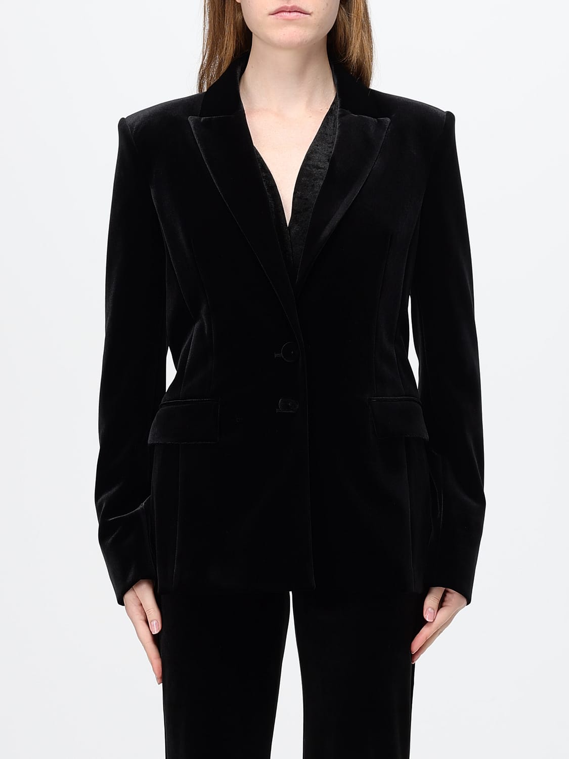 PATRIZIA PEPE JACKE: Einreihiger Samtblazer von Patrizia Pepe mit Revers und Pattentaschen, Schwarz - Img 1