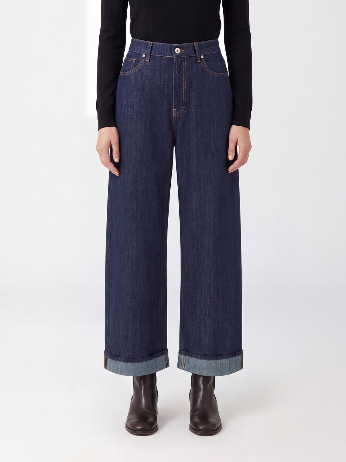 PAROSH VAQUEROS: Vaqueros anchos de tiro alto P.A.R.O.S.H. de denim de algodón con vuelta, Azul Oscuro - Img 1