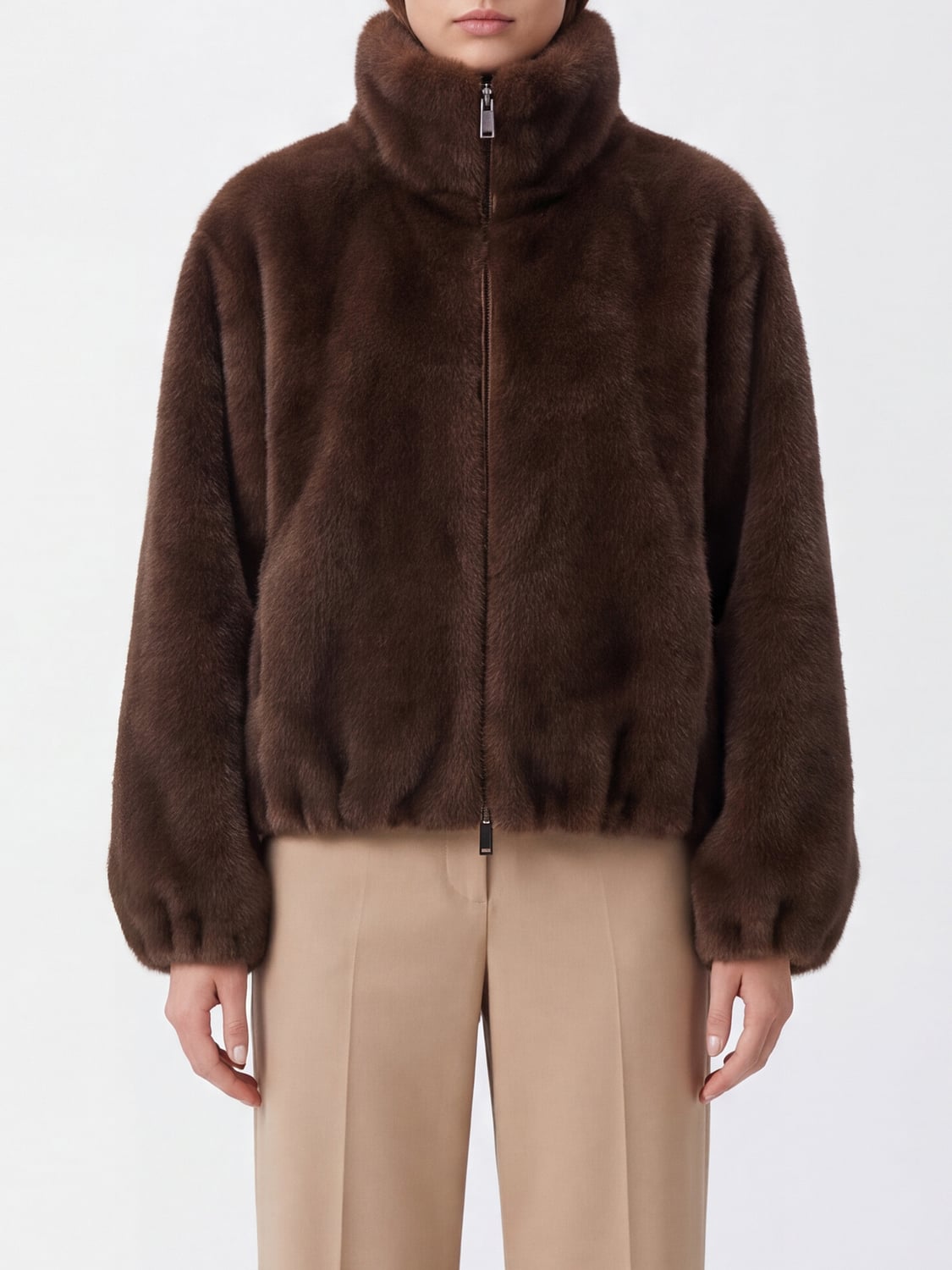 P.A.R.O.S.H. PELLICCIA: Giacca P.A.R.O.S.H. in pelliccia sintetica con collo alto e chiusura a zip, Marrone - Img 1