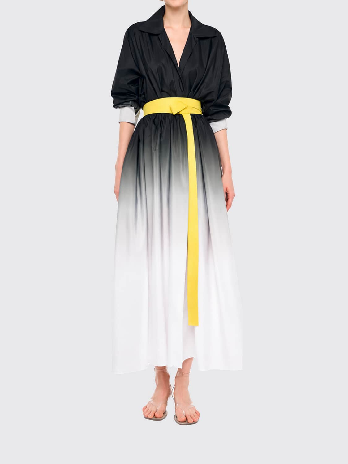 NORMA KAMALI VESTIDO: Vestido midi Norma Kamali de crepé con estampado abstracto y escote en V, Natural - Img 1