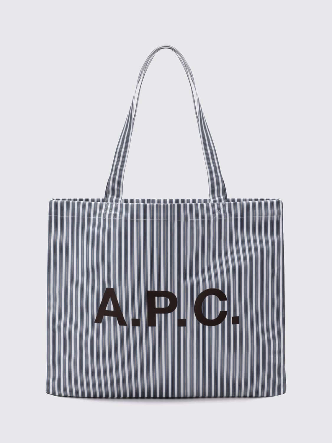 A.P.C. BORSA TOTE: Borsa tote A.P.C. in cotone a righe bicolore con logo stampato, Blue - Img 1
