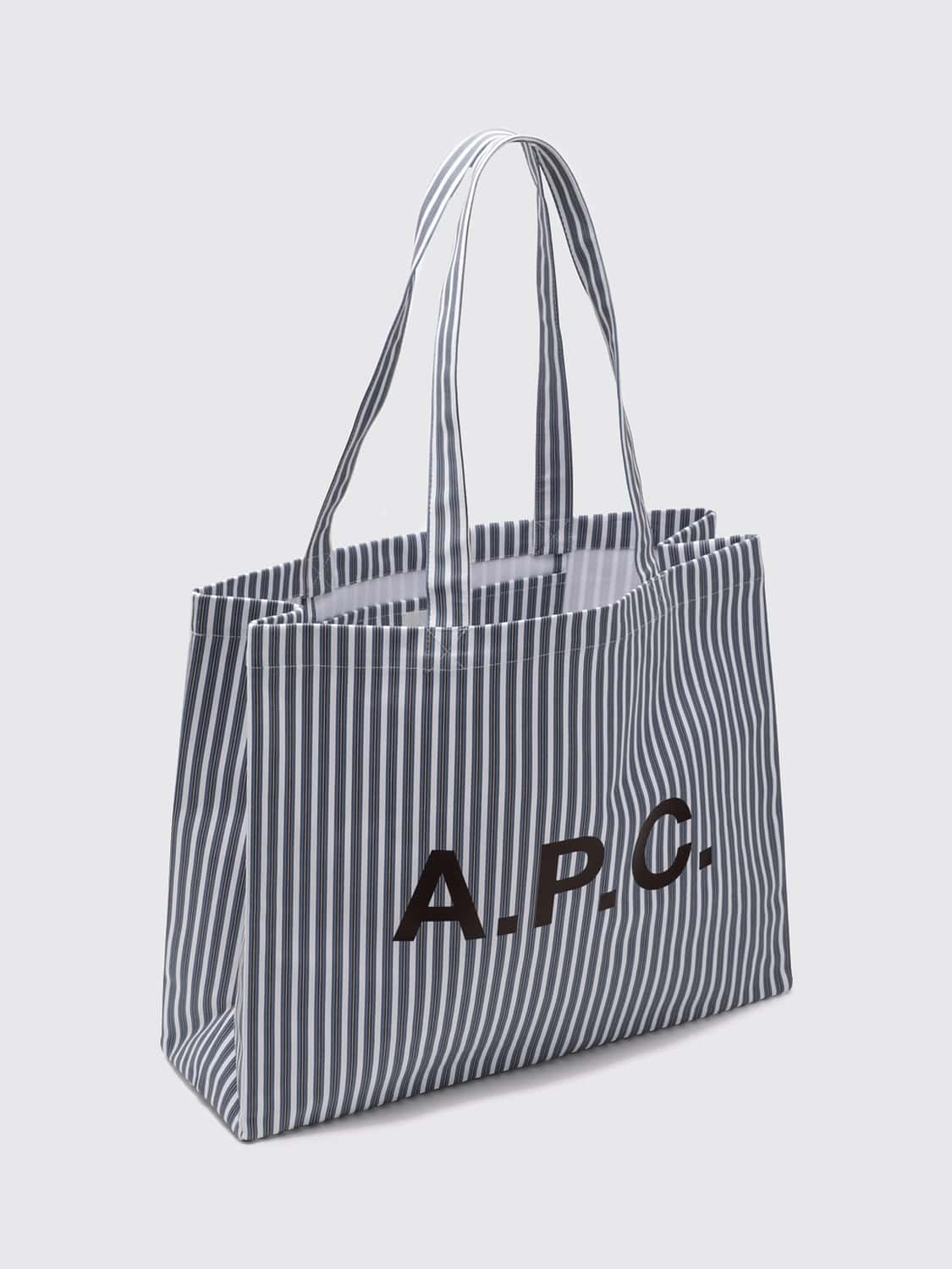 A.P.C. BORSA TOTE: Borsa tote A.P.C. in cotone a righe bicolore con logo stampato, Blue - Img 3