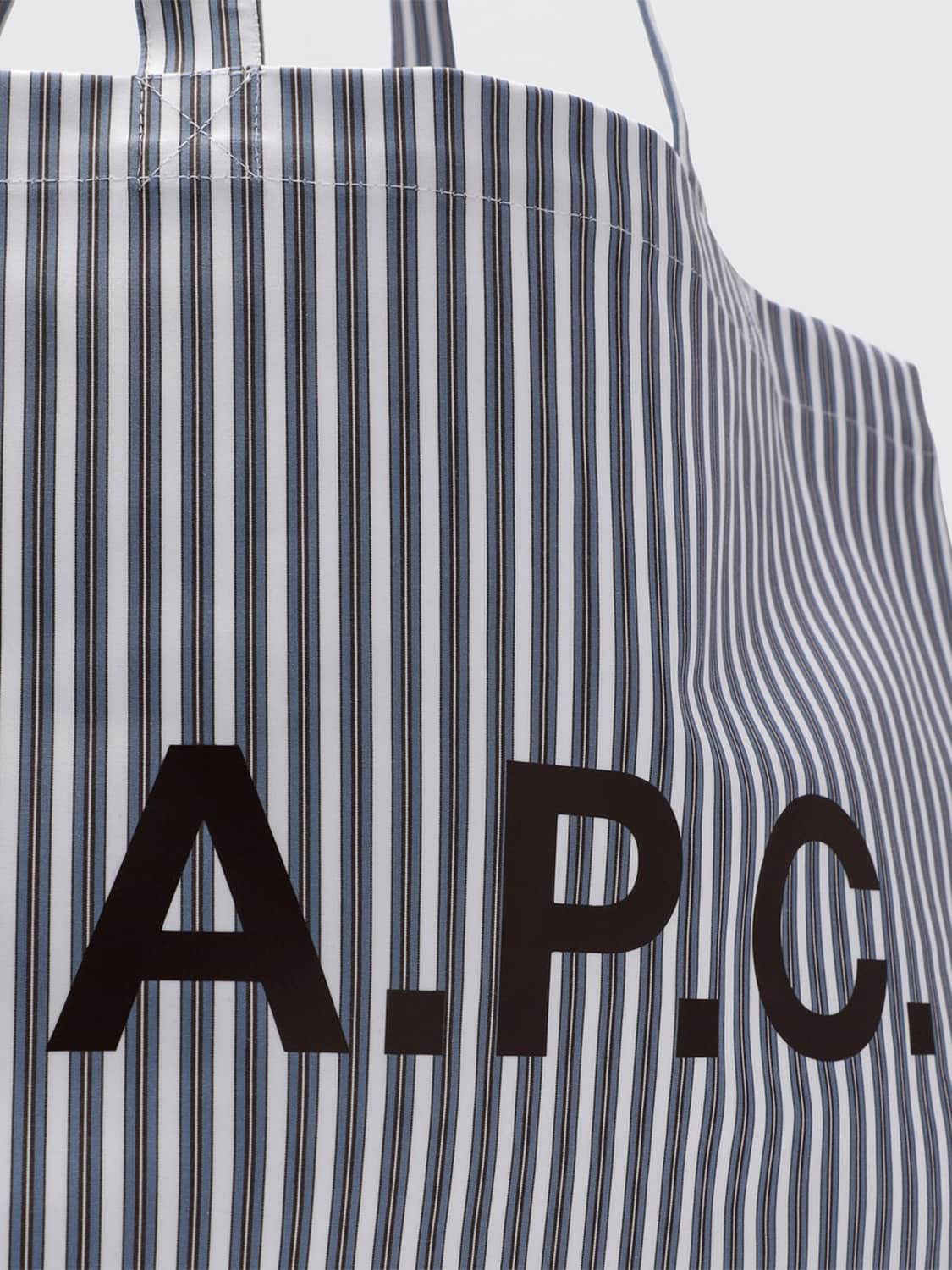 A.P.C. BORSA TOTE: Borsa tote A.P.C. in cotone a righe bicolore con logo stampato, Blue - Img 4