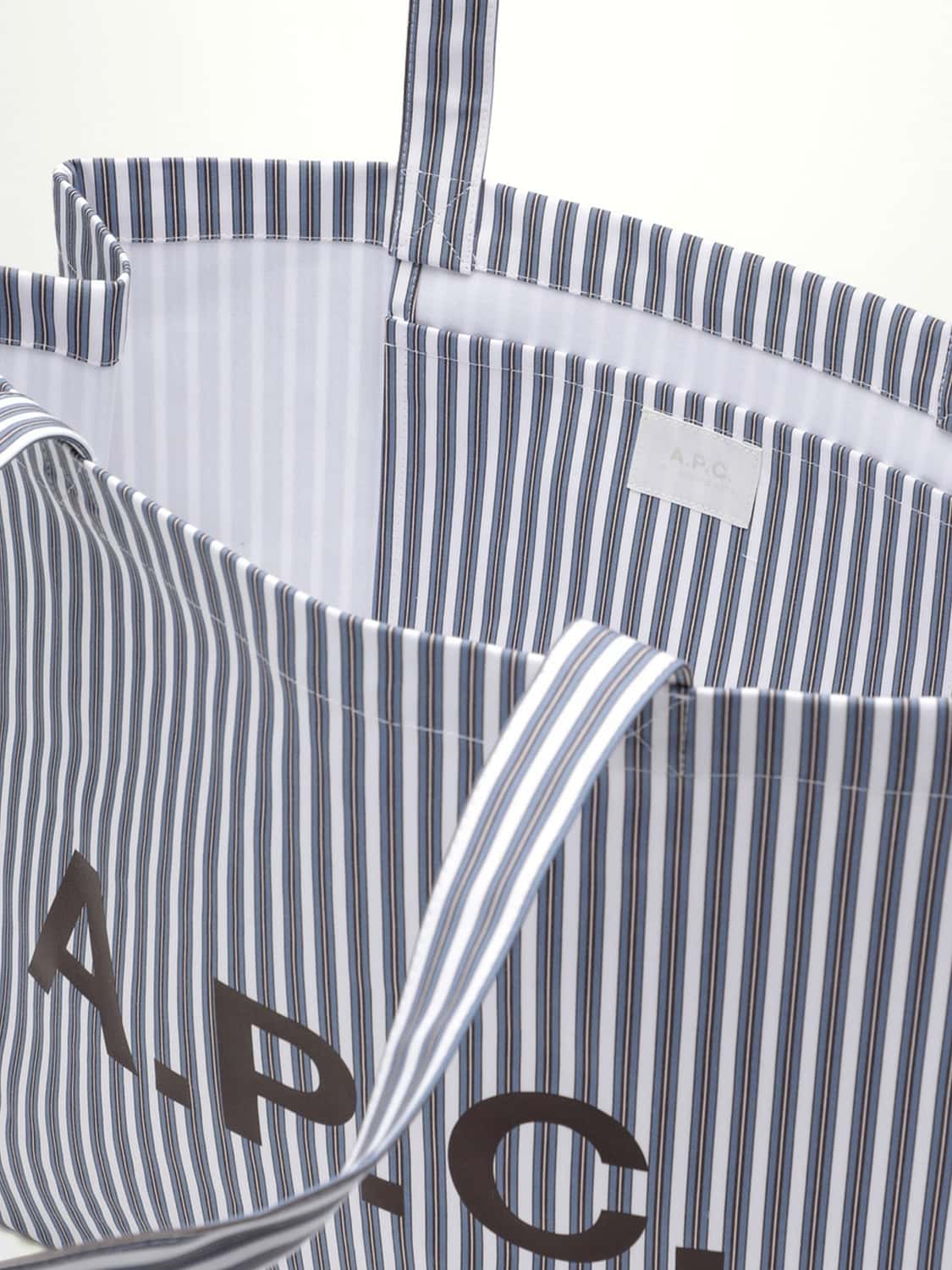 A.P.C. BORSA TOTE: Borsa tote A.P.C. in cotone a righe bicolore con logo stampato, Blue - Img 5
