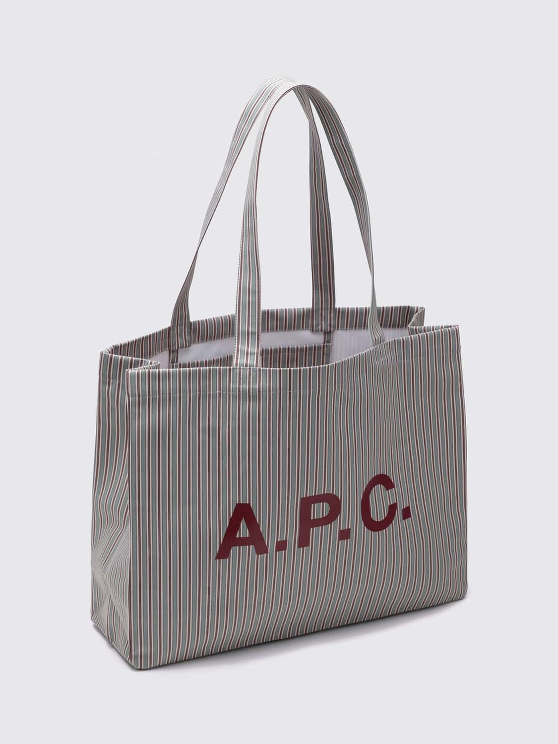 A.P.C. BORSA TOTE: Borsa tote A.P.C. in cotone a righe bicolore con logo stampato, Verde - Img 3