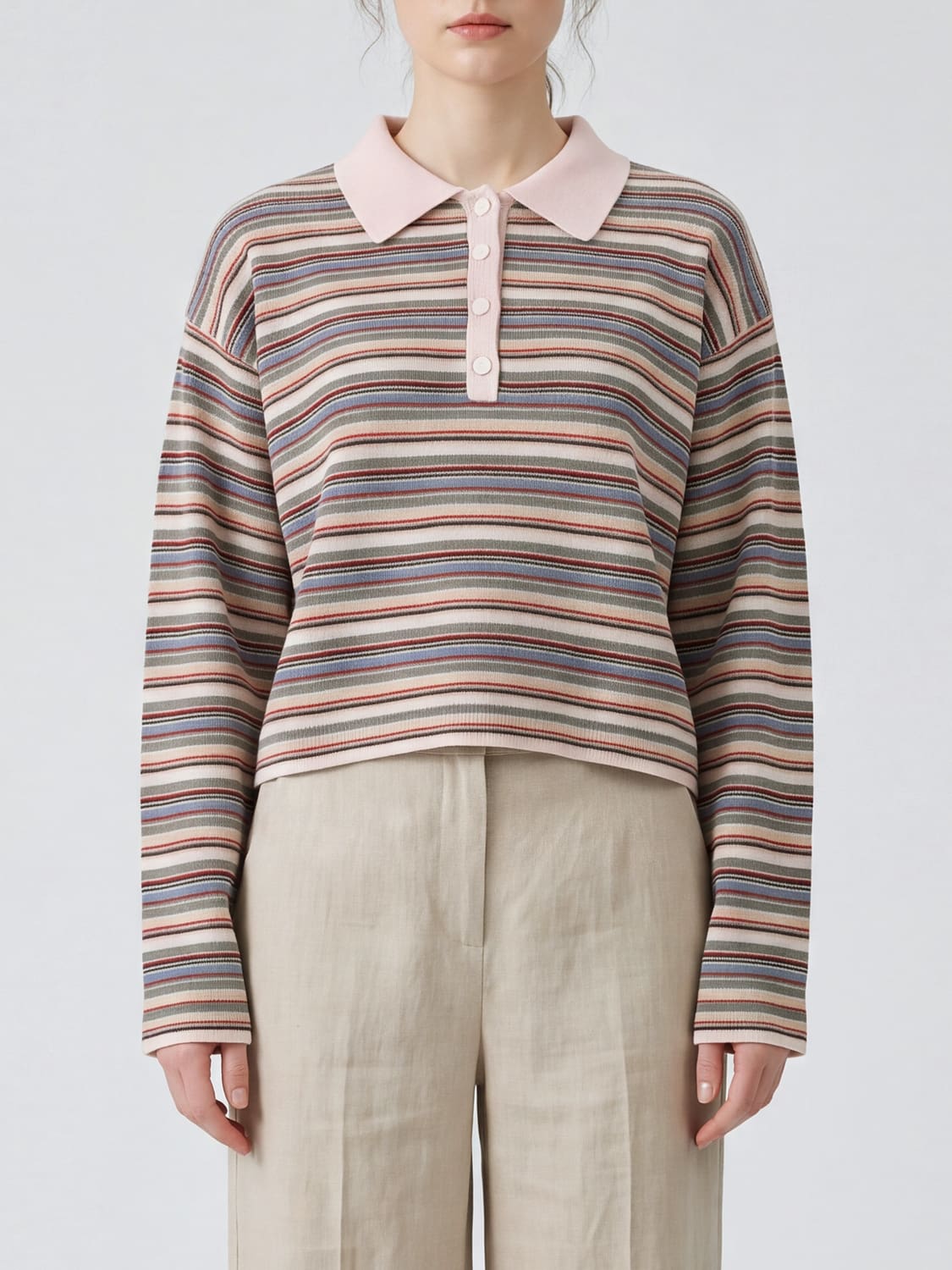 FRAME POLO SHIRT: Striped Long-Sleeve Wool Knit Polo Shirt with Classic Collar by Frame, Blue - Img 1