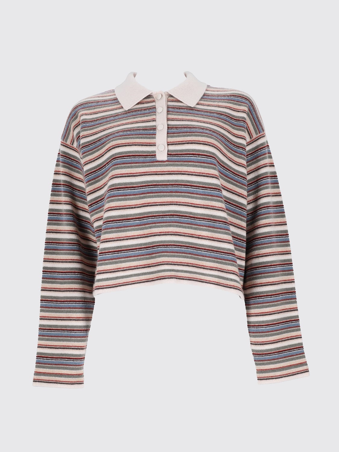 FRAME POLO SHIRT: Striped Long-Sleeve Wool Knit Polo Shirt with Classic Collar by Frame, Blue - Img 2