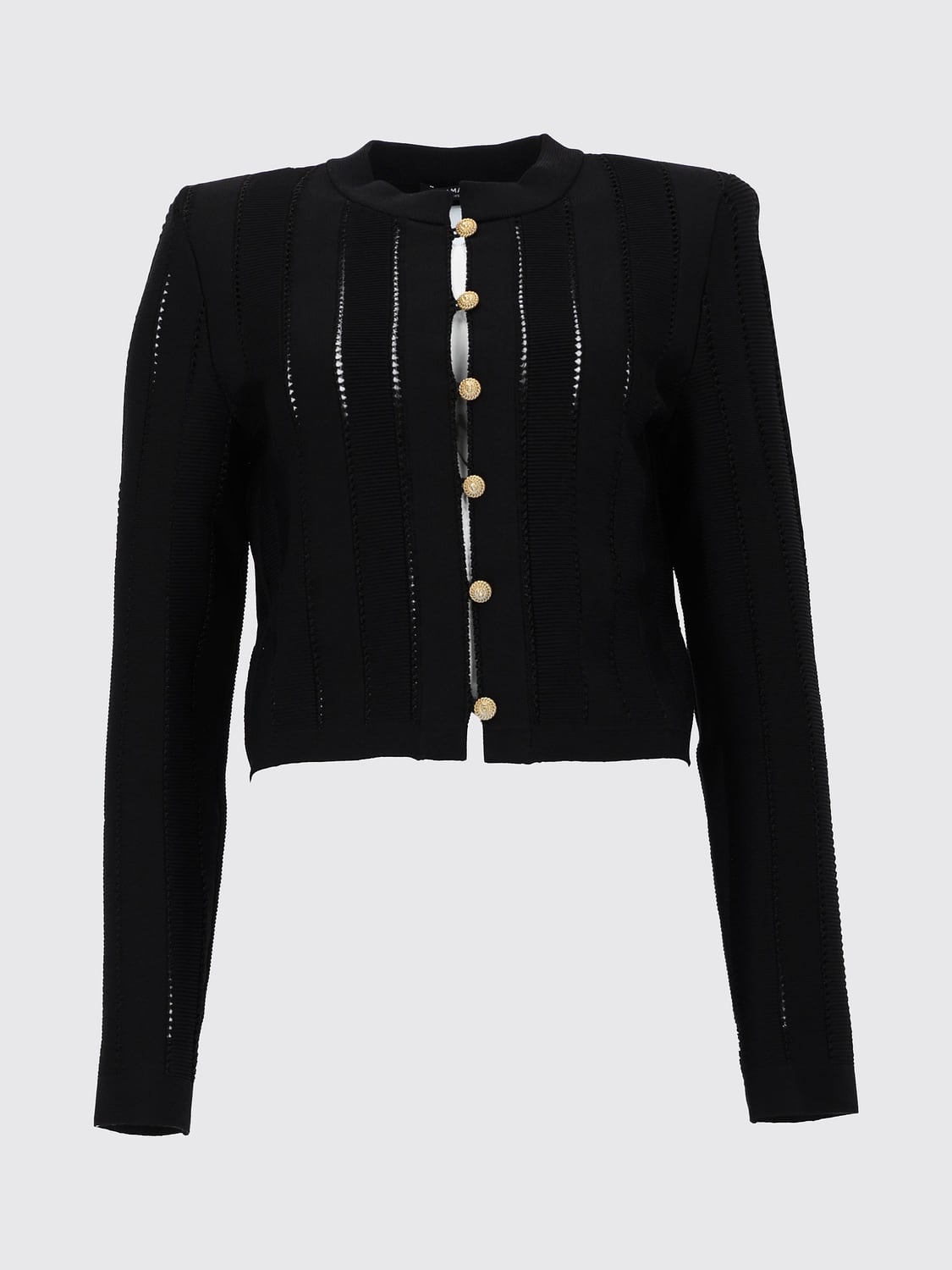 BALMAIN JERSEY: Cárdigan Balmain de viscosa con cuello redondo y botones en relieve, Negro - Img 2
