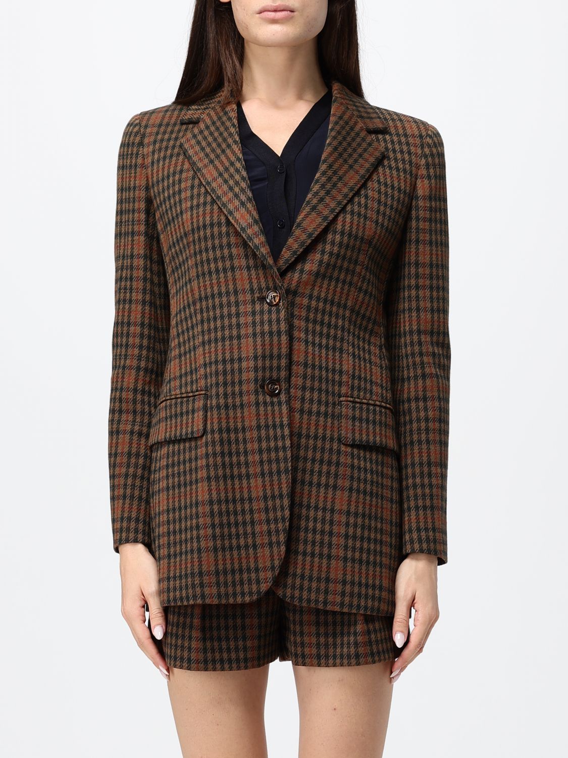 MAX MARA JACKET: Max Mara Houndstooth Virgin Wool and Cotton Single-Breasted Blazer, Brown - Img 1
