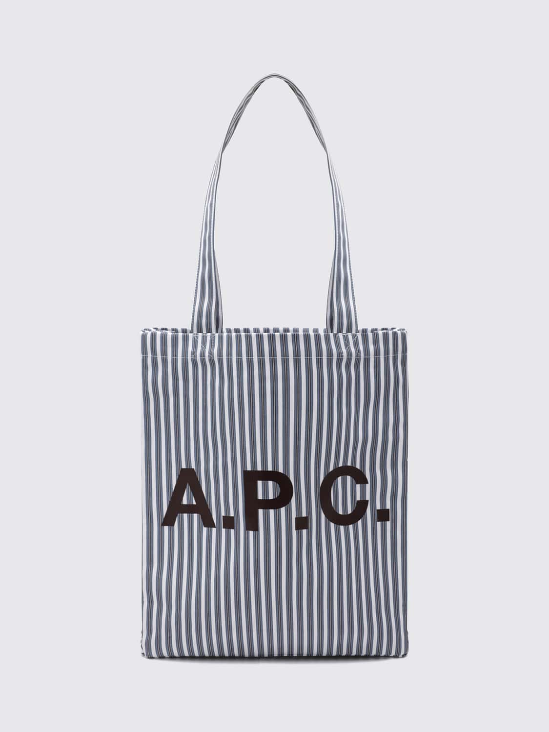 A.P.C. BORSA TOTE: Borsa tote A.P.C. in cotone a righe multicolor con logo stampato, Blue - Img 1