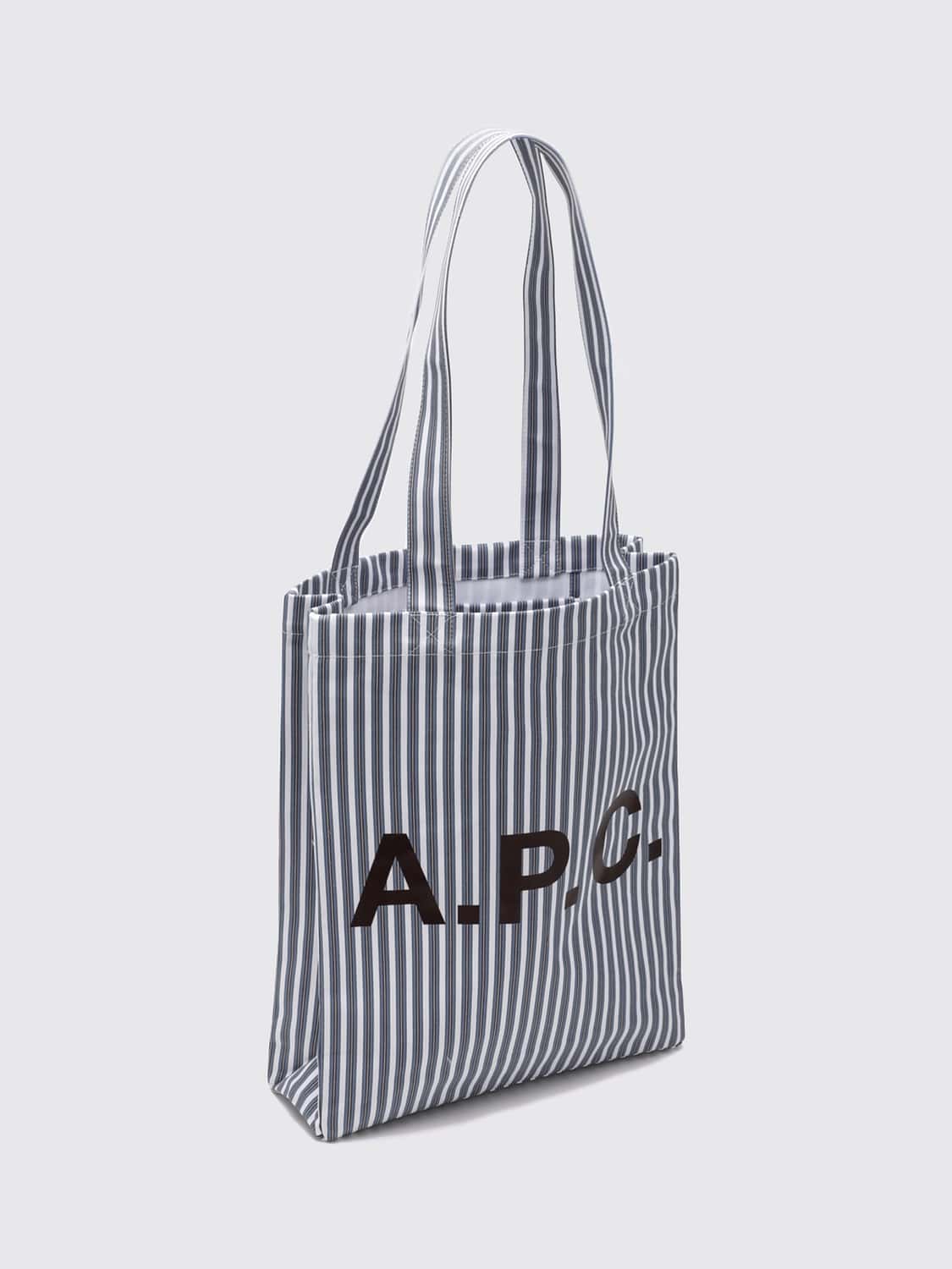 A.P.C. BORSA TOTE: Borsa tote A.P.C. in cotone a righe multicolor con logo stampato, Blue - Img 3