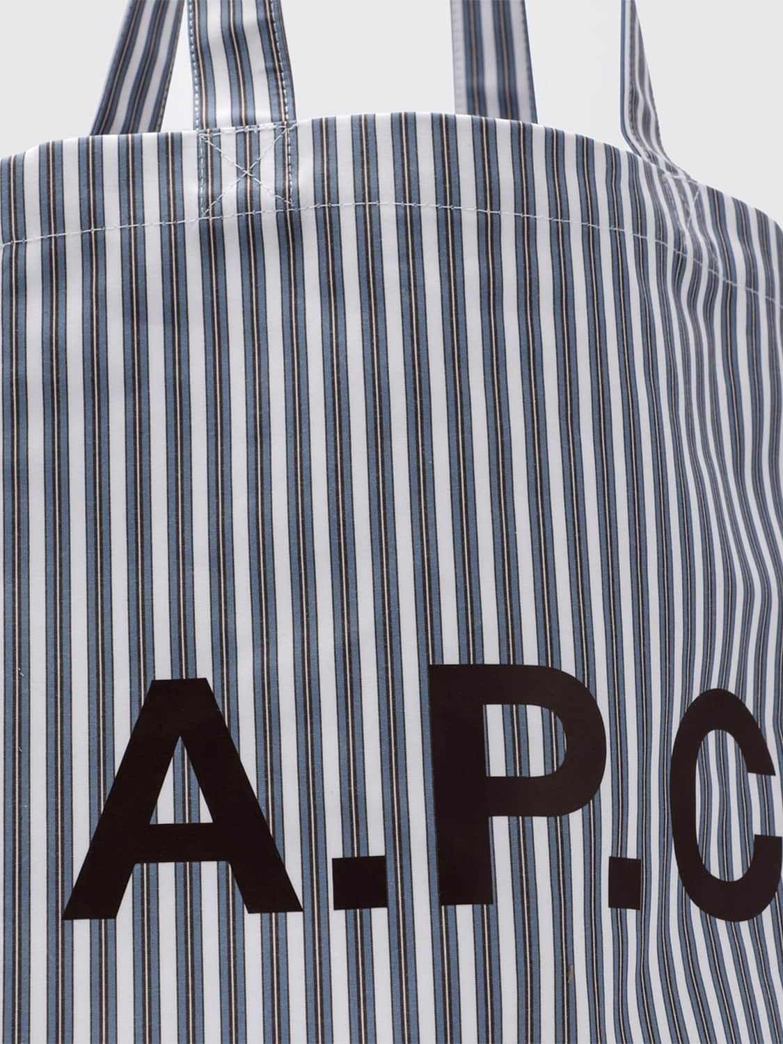 A.P.C. BORSA TOTE: Borsa tote A.P.C. in cotone a righe multicolor con logo stampato, Blue - Img 4