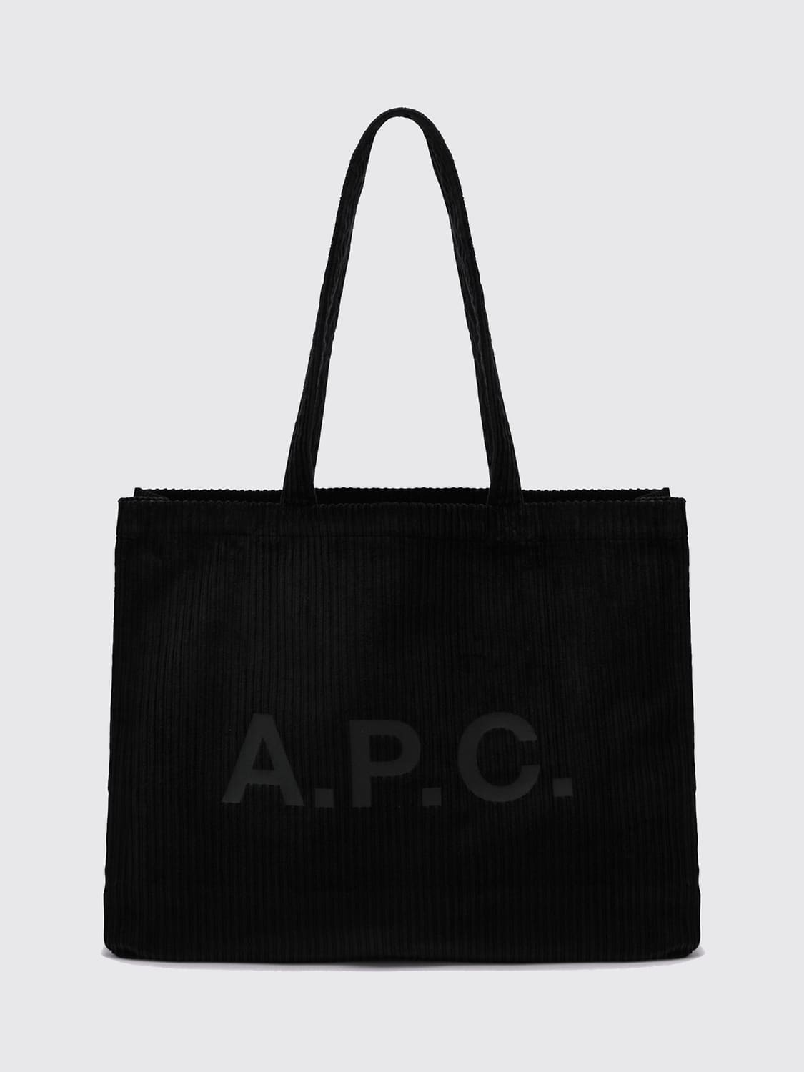 A.P.C. BORSA TOTE: Borsa tote A.P.C. in velluto a coste con logo stampato a contrasto, Nero - Img 1