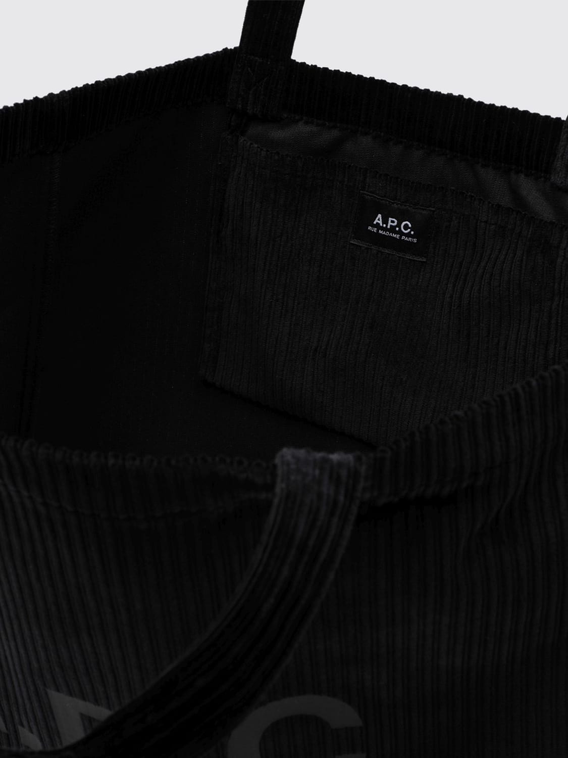 A.P.C. BORSA TOTE: Borsa tote A.P.C. in velluto a coste con logo stampato a contrasto, Nero - Img 4