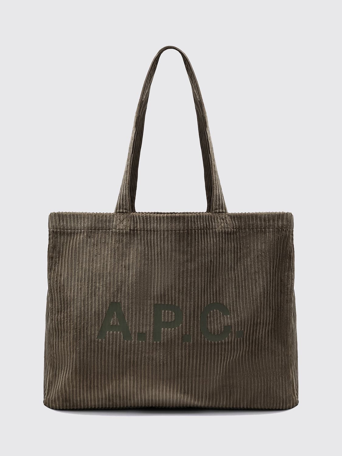 A.P.C. BORSA TOTE: Borsa tote A.P.C. in velluto a coste con logo stampato a contrasto, Beige - Img 1