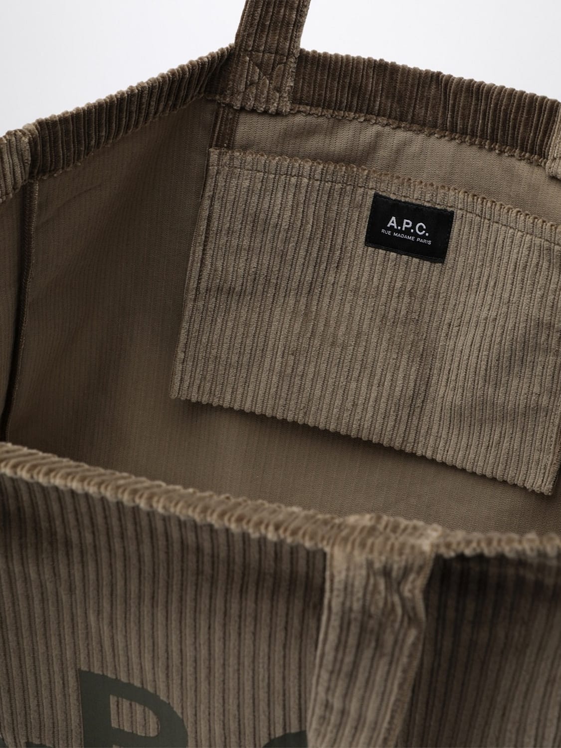 A.P.C. BORSA TOTE: Borsa tote A.P.C. in velluto a coste con logo stampato a contrasto, Beige - Img 4
