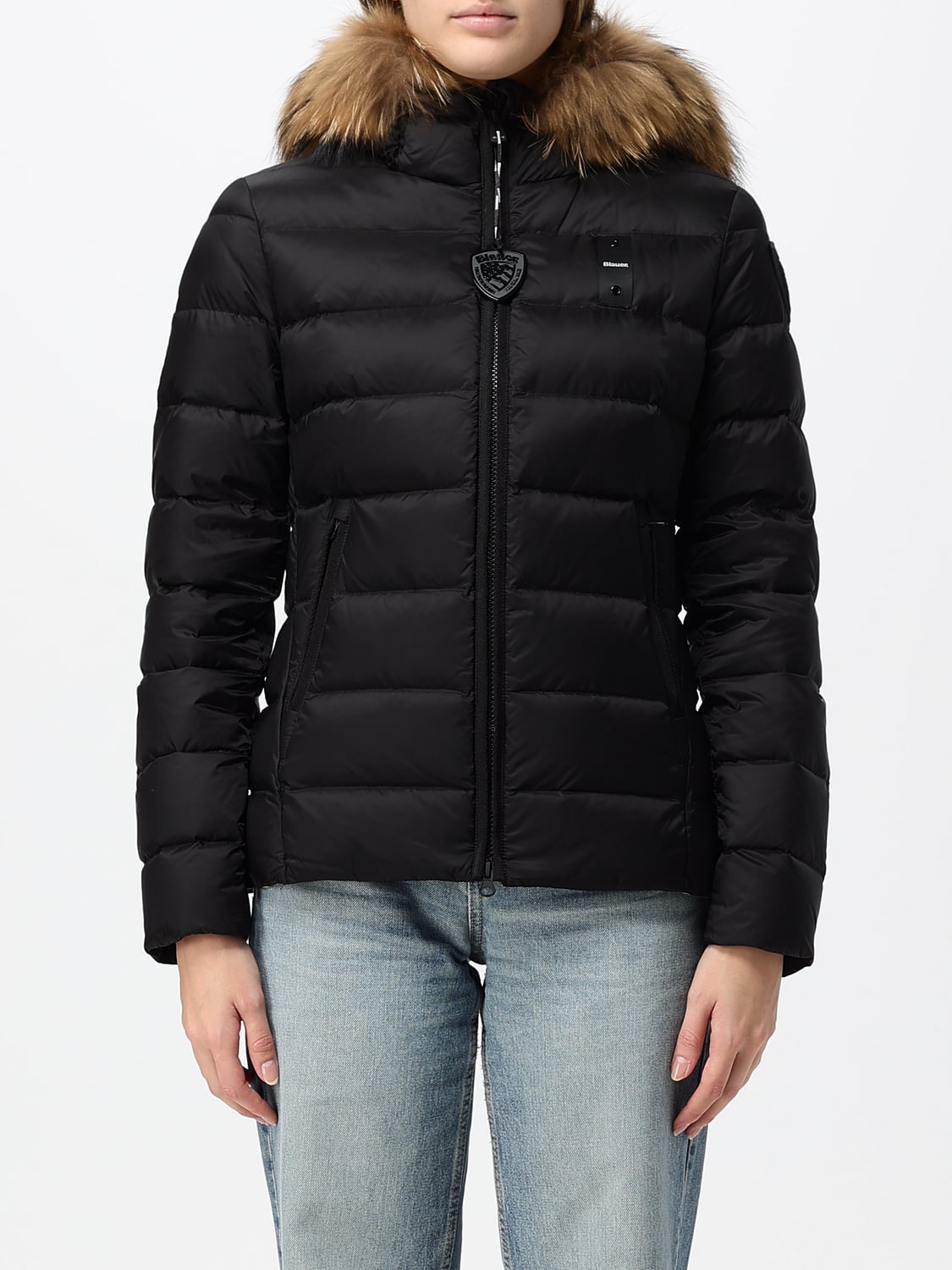 BLAUER JACKE: Kurze Stepp-Daunenjacke Blauer aus Nylon mit Shearling-Kapuze und Slim Fit, Schwarz - Img 1
