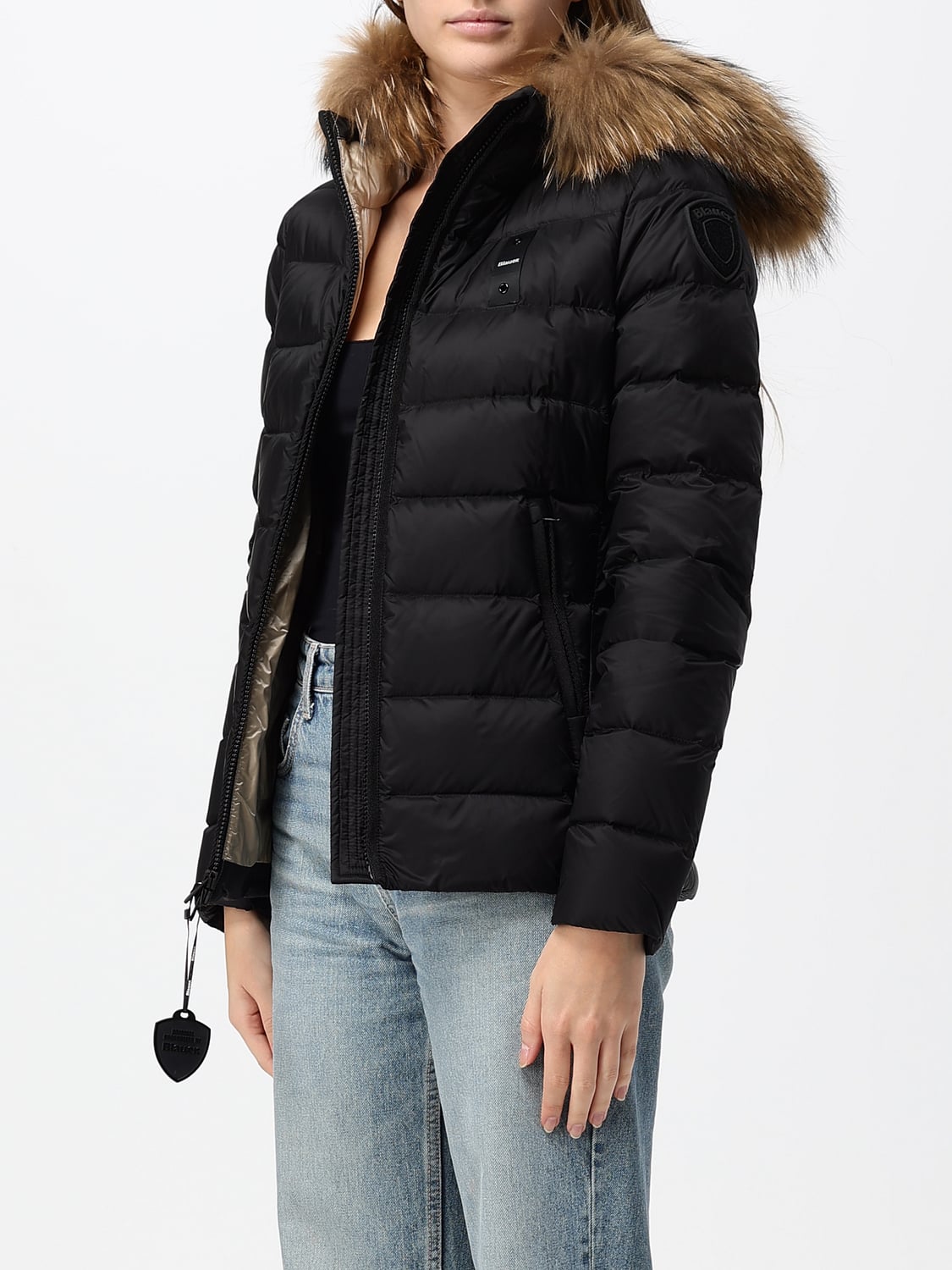 BLAUER JACKE: Kurze Stepp-Daunenjacke Blauer aus Nylon mit Shearling-Kapuze und Slim Fit, Schwarz - Img 3