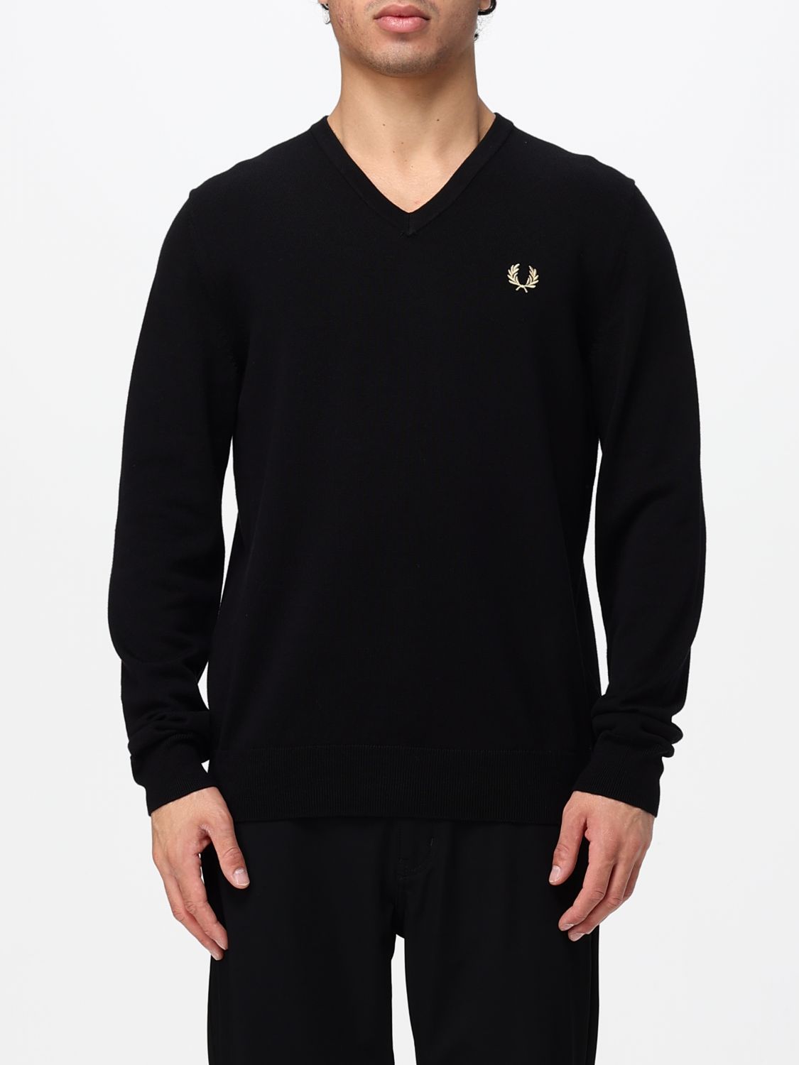 FRED PERRY 스웨터: FRED PERRY V넥 울 및 코튼 혼방 스웨터, 자수 로고 장식, 블랙 - Img 1