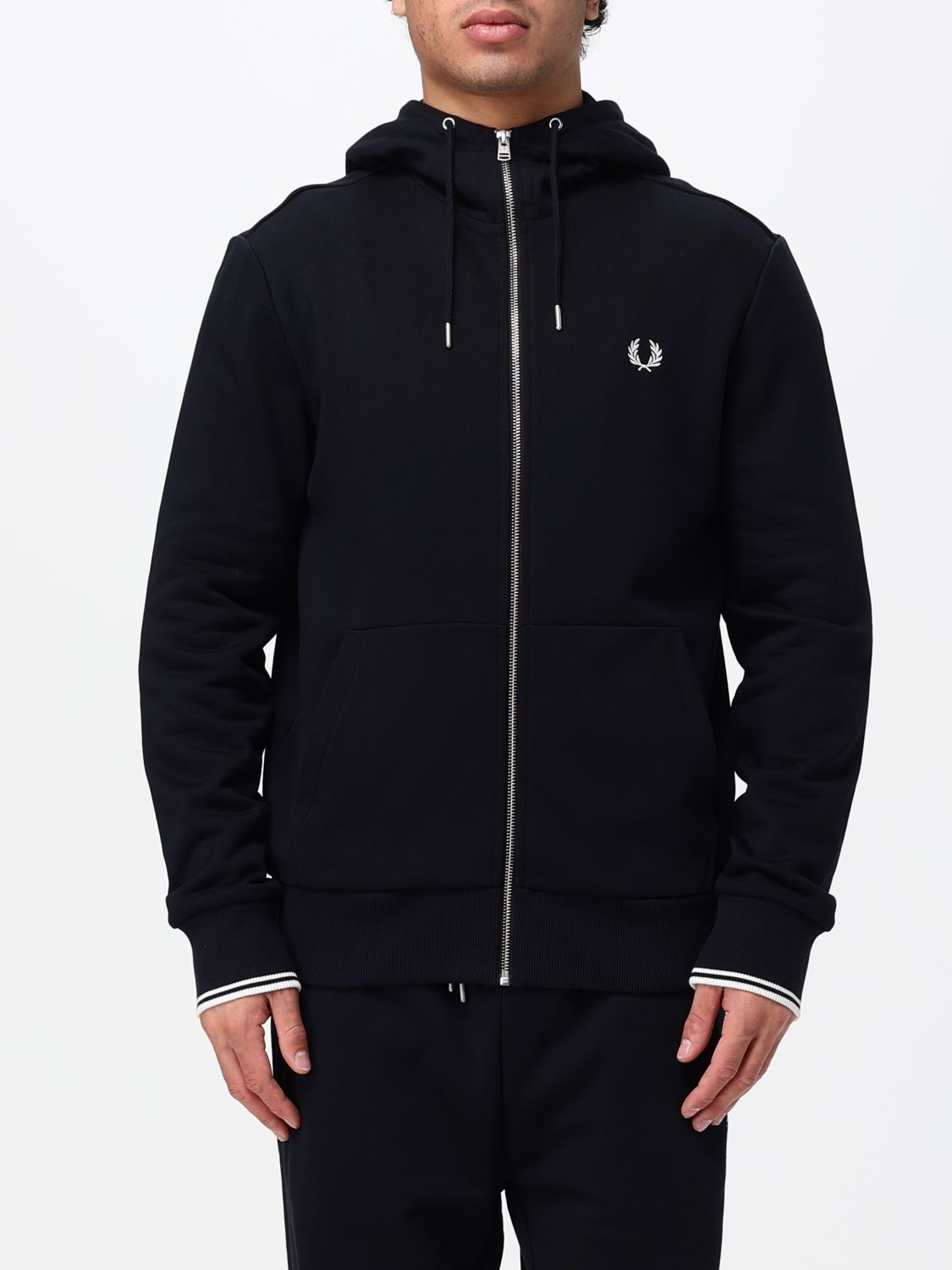 FRED PERRY SWEATSHIRT: Cotton Zip-Up Hoodie Fred Perry with Kangaroo Pockets and Embroidered Logo, Navy - Img 1