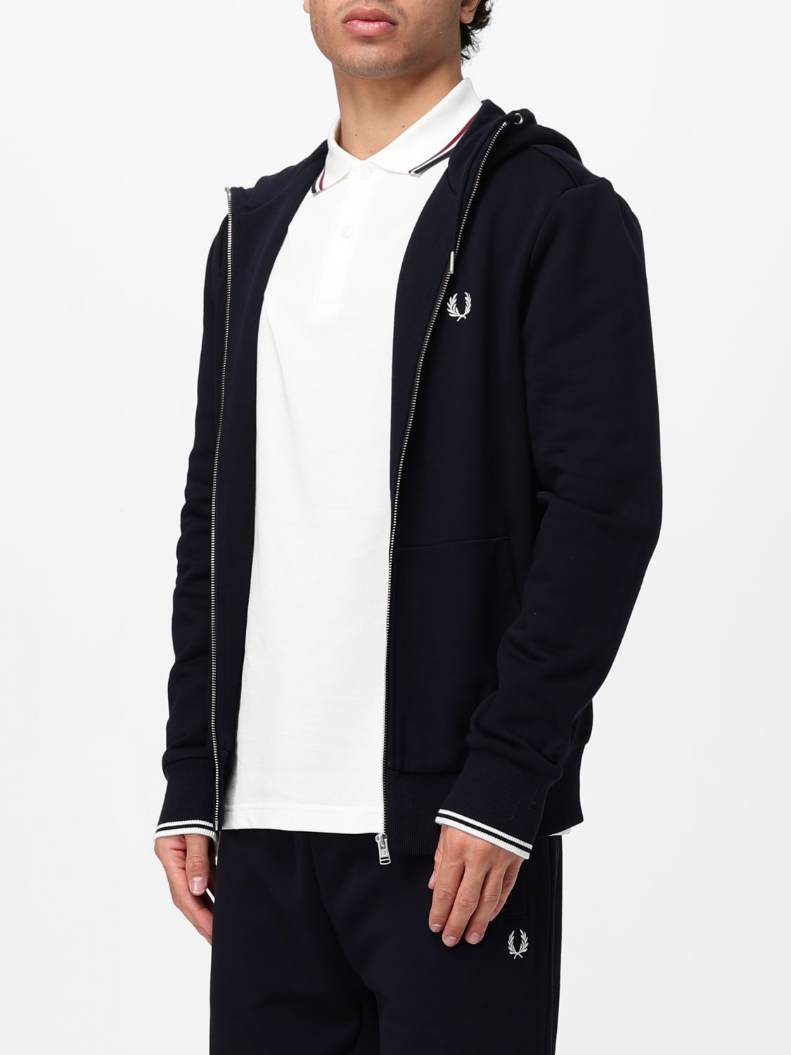 FRED PERRY SWEATSHIRT: Cotton Zip-Up Hoodie Fred Perry with Kangaroo Pockets and Embroidered Logo, Navy - Img 3