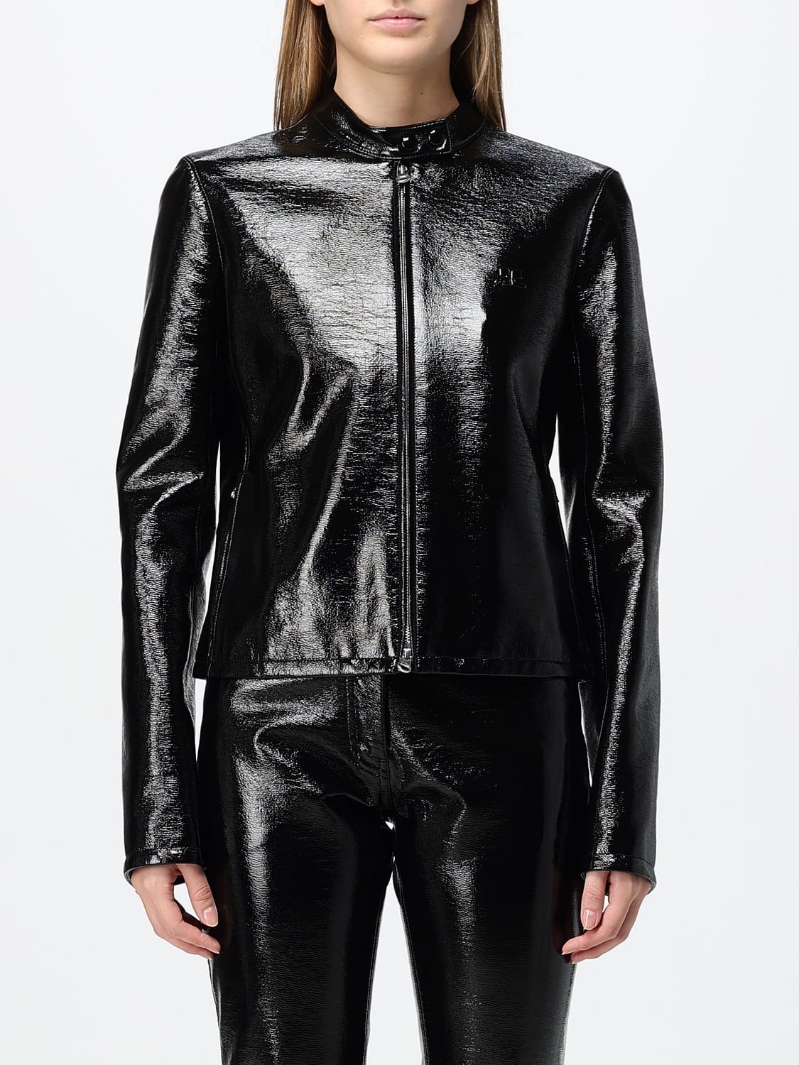 COURRÈGES CHAQUETA: Chaqueta biker Courrèges de piel sintética con cuello alto y cierre de cremallera, Negro - Img 1