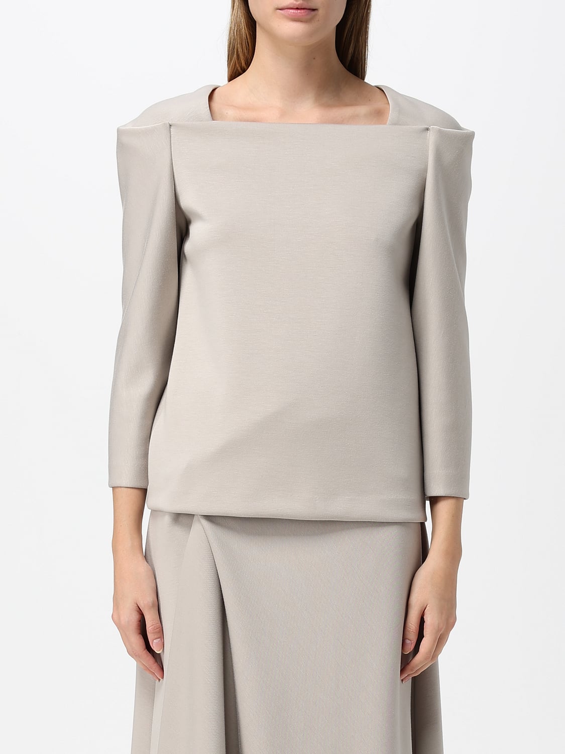 MEIMEIJ SHIRT: Long-Sleeved Crêpe Top Meimeij with a Square Neckline, Grey - Img 1