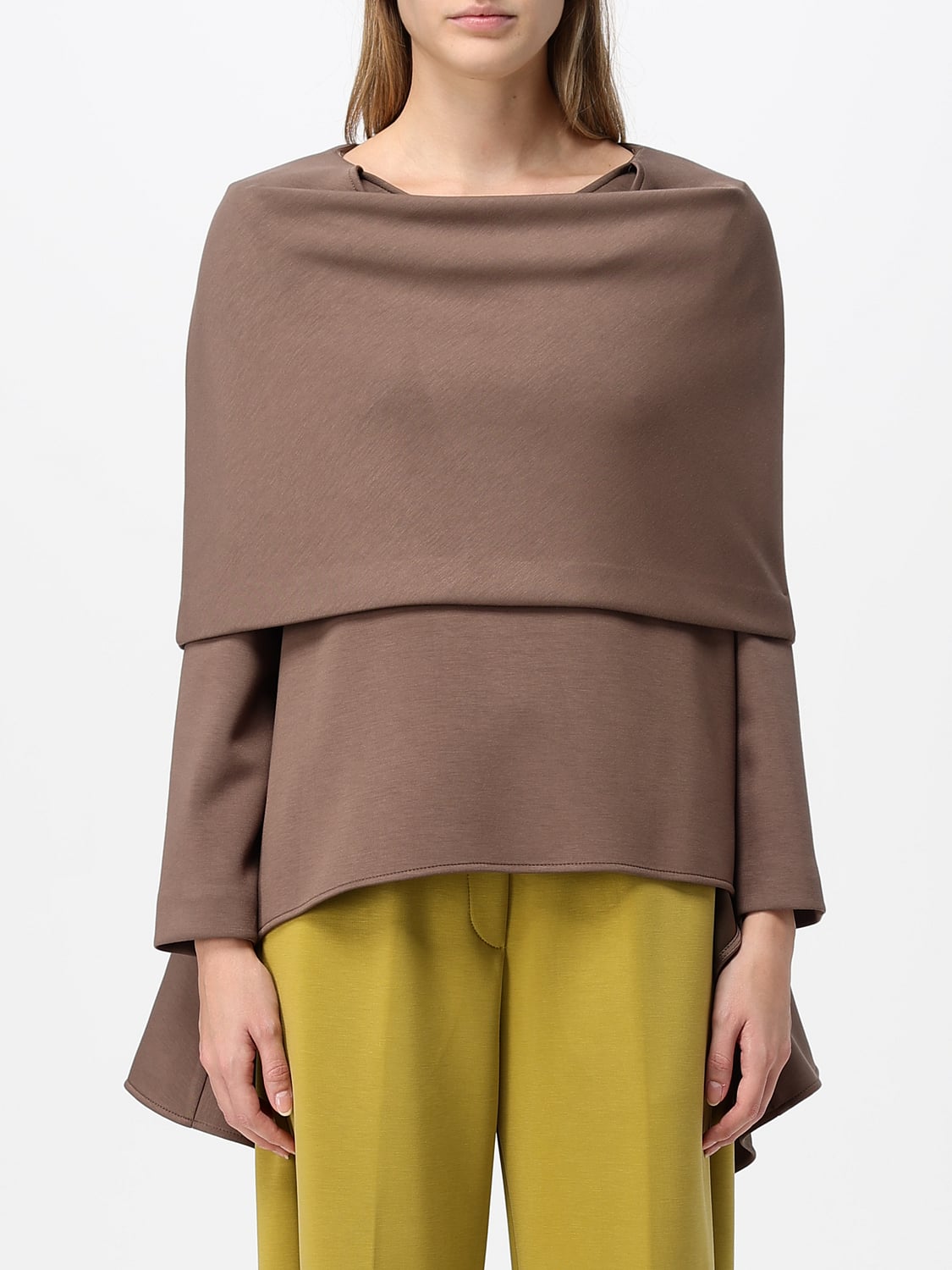 MEIMEIJ TOP: Langärmelige Crêpe-Bluse Meimeij mit Rundhalsausschnitt und asymmetrischem Saum, Braun - Img 1