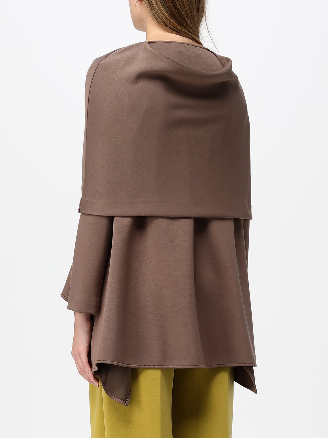MEIMEIJ TOP: Langärmelige Crêpe-Bluse Meimeij mit Rundhalsausschnitt und asymmetrischem Saum, Braun - Img 2