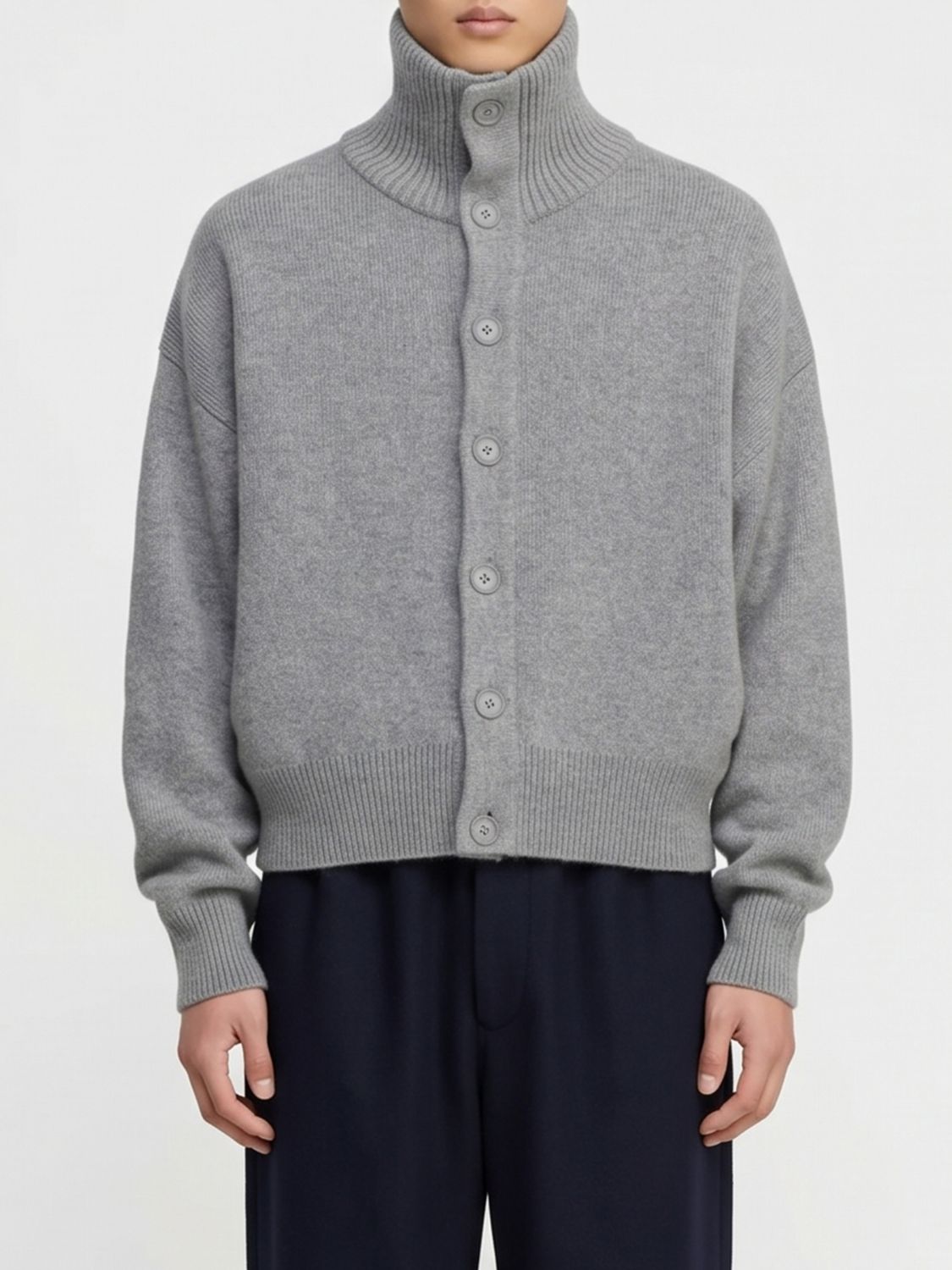 EXTREME CASHMERE SWEATER: Extreme Cashmere Turtleneck Cardigan in Pure Cashmere with Button Closure, Grey - Img 1