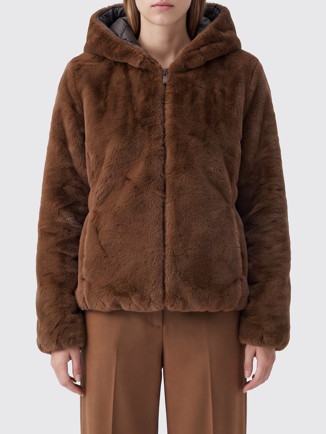 SAVE THE DUCK PELLICCIA: Giacca reversibile Save The Duck con cappuccio in pelliccia sintetica e nylon, Terra - Img 1
