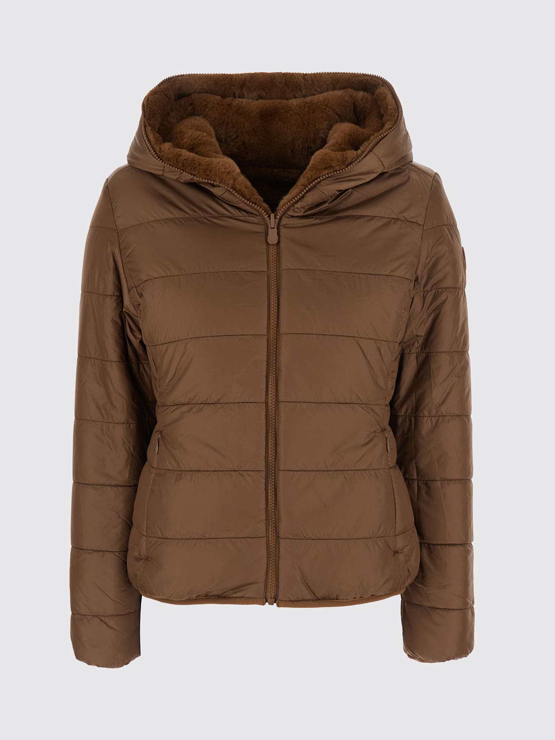 SAVE THE DUCK PELLICCIA: Giacca reversibile Save The Duck con cappuccio in pelliccia sintetica e nylon, Terra - Img 5